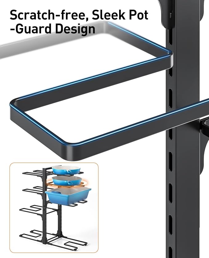 Pots and Pans Organizer Under Cabinet 20.8", 8-Tier Adjustable Black | 2 DIY Modes, Tool-Free Assembly, Max 120 Lbs, Fits Large Stockpots, Cast Iron Pans & Heavy Cookware, For Kitchen Cabinets
