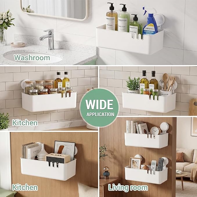 Shower Caddy Suction 2 Pack, Drill-Free Removable Bathroom Organizer, Plastic Storage Shelf Holds Up To 22lbs, For Shampoo Body Wash Conditioner, Kitchen & Bathroom Use, White