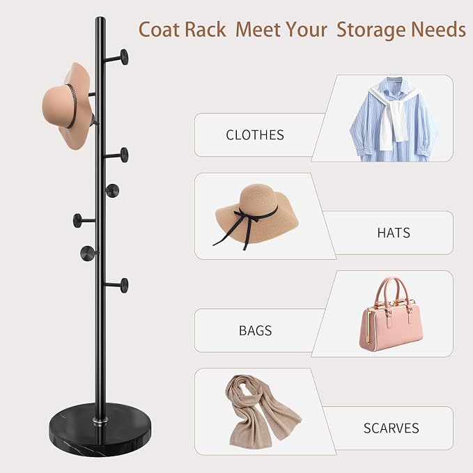 Coat Rack Stand,Black Metal Coat Rack Freestanding with 8 Hooks | Modern Coat Rack with Natural Marble Base,Coat Hanger Stand, 3 Adjustable Coat Clothes Tree Stand for Office
