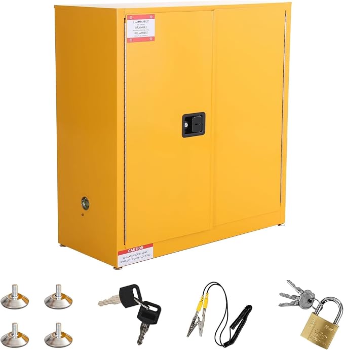 Flammable Storage Cabinet 43" x 18" x 44", 30 Gallon Galvanized Steel Flammable Liquid Storage Locker with Adjustable Shelves & Manual-Close Doors, OSHA Compliant Hazardous Material Cabinet, Yellow