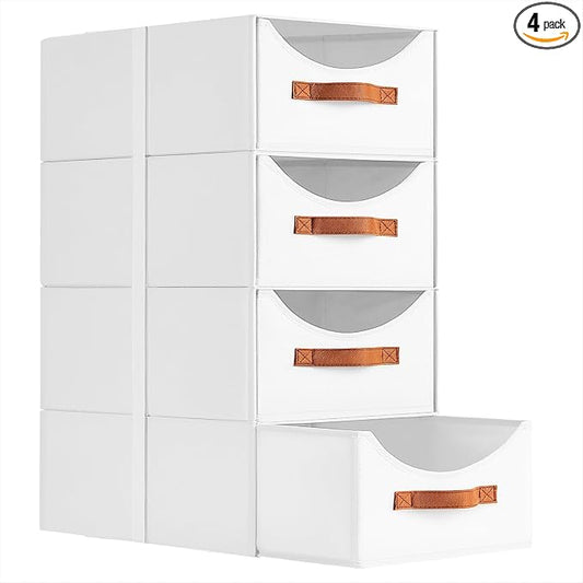 Homsorout Closet Organizers and Storage - Large Stackable Storage Bins with Drawer, Fabric Bins for Organization, Collapsible Storage Drawers Organizer for Bedroom, Living Room, 4 Pack, White