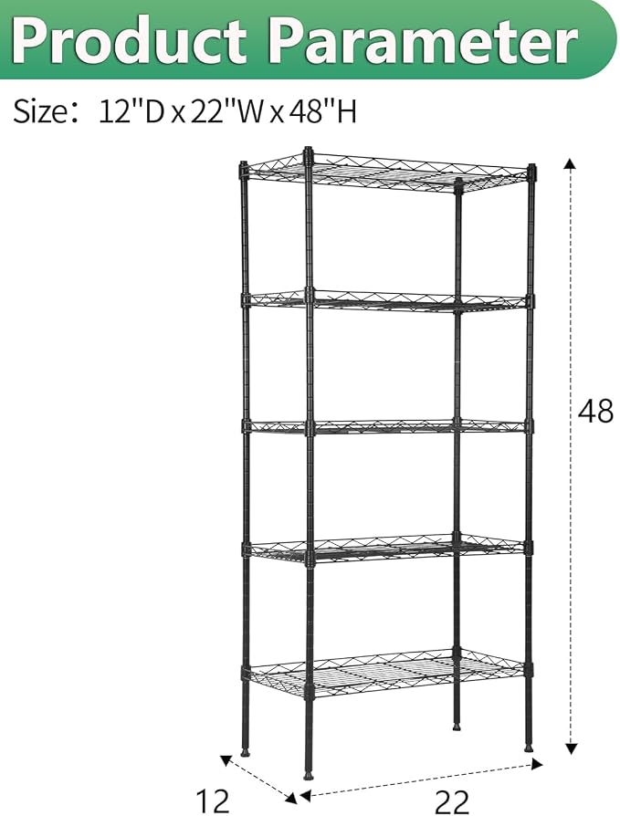 BestOffice | 5-Tier Wire Shelf | 22" x 12" x 48" | Black | Storage Shelves with Adjustable Racks, Holds upto 750 lbs | Rust-Resistant, No-Tool Assembly | For Home, Garage