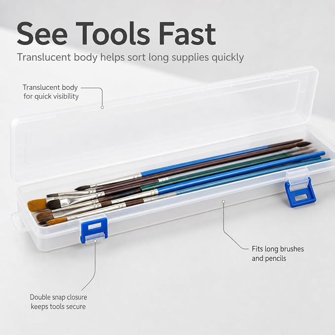 QWORK Translucent Plastic Paint Brush Holder 13" Long (33x7x3.5cm) – Clear Storage Box with Snap Closure for Art Supplies, Watercolor Pens & Drawing Tools Organizer