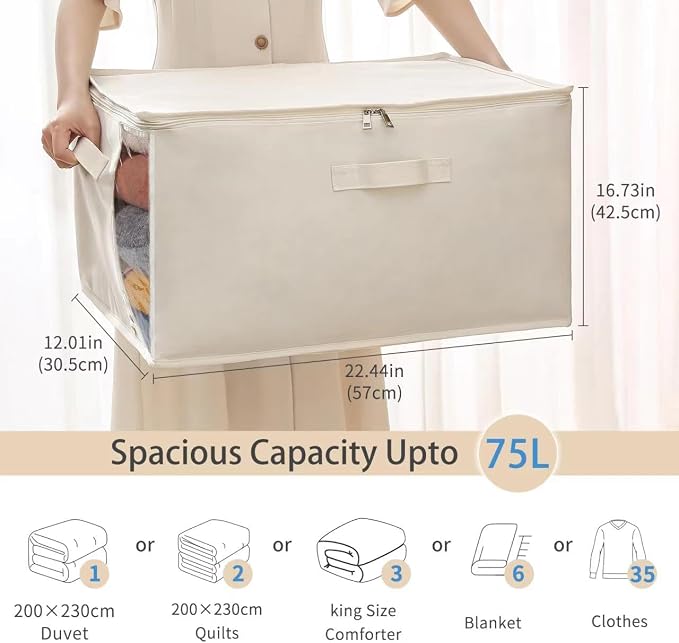 6 Pack Canvas Comforter & Blanket Storage Bags with Clear Window, Beige | Large Capacity, Cotton Linen Fabric, Reinforced Handles, Foldable Design for King Comforters, Clothes and Blankets Storage