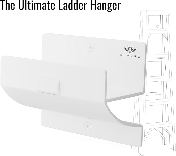 Ladder Hangers for Garage Wall - White Set of 2 Wall Mount Step Ladder Hook | Heavy Duty Brackets, Versatile Utility Tool Holder, Practical Space-saving Garage Storage Solution, Easy to Install