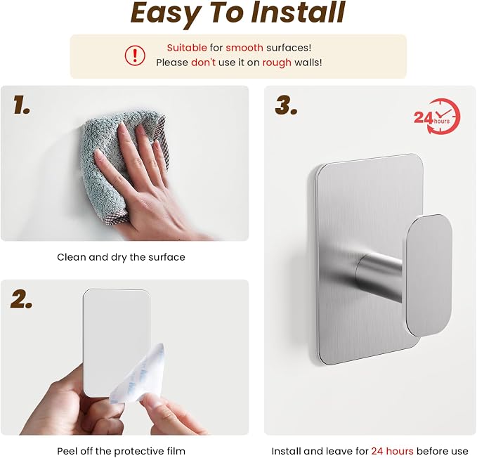 Large Heavy Duty Wall Hooks - 26lb Max, Stainless Steel Adhesive Towel Hooks for Hanging Towel, Coat, Robe, Hat, Sticky Towel Holder for Wall Mount in Bathroom, Shower, Kitchen(Silver, 6 Pack)