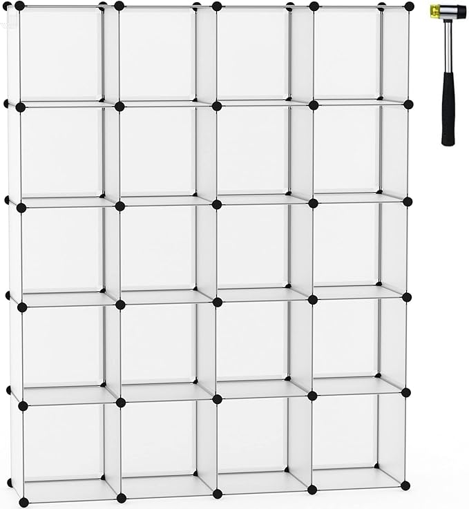 C&AHOME 20-Cube Shelf, Plastic Cube Storage Organizer, DIY Bookshelf White | Stackable Modular Closet Cabinet Ideal for Bedroom, Living Room, Office, 48.4" L x 12.4" W x 60.6" H