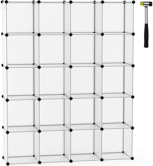 C&AHOME 20-Cube Shelf, Plastic Cube Storage Organizer, DIY Bookshelf White | Stackable Modular Closet Cabinet Ideal for Bedroom, Living Room, Office, 48.4" L x 12.4" W x 60.6" H