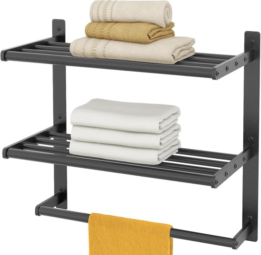 Bethom Bathroom Towel Rack with Bars, 16 Inch Towel Shelf, Matte Black | 3-Tier Hotel Towel Racks for Bathroom Wall Mounted, Bath Towels Storage, Stainless Steel
