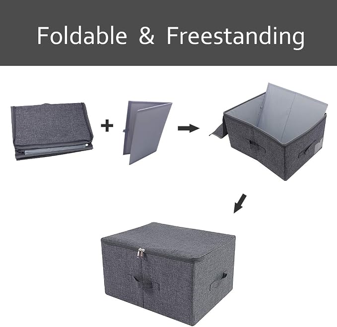 2Pcs Fabric Folding Washable Wardrobe Clothes Storage Baskets with Zip Lid | cabinets, shelves, attics, or atop closets organizer,17.6×13.6×9.7", Space Saving, breathable linen, sturdy plastic boards