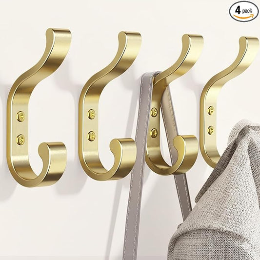 bussdis Large Wall Hooks for Hanging Coats: Heavy Duty Wall-Mount Hanger (Hold 30 LB), Mudroom Hooks for Clothes, Backpack, Purse, Bathroom Towel (Gold, 4 Pack)