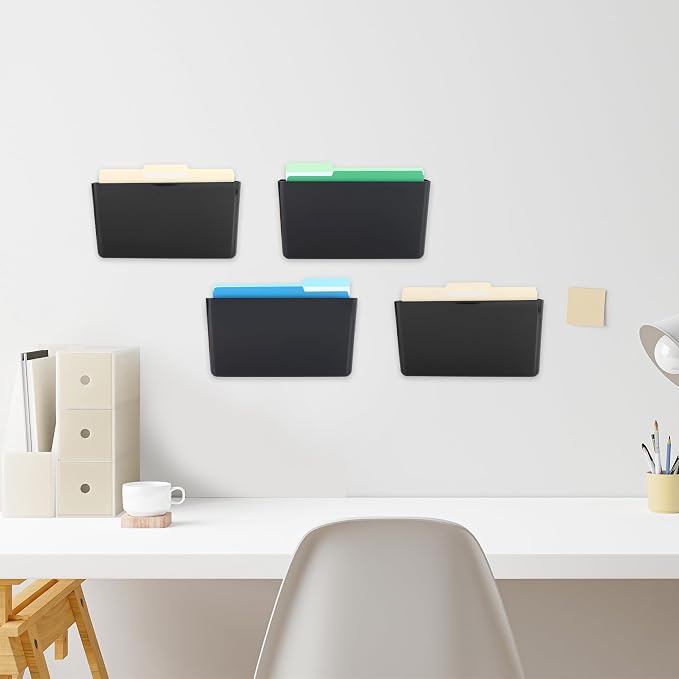 EASEPRES 4 Pack Black Single Pocket Hanging File Organizer, Plastic Wall Mount Paper Mails Magazines Holder, Mounted Folder Bins for Office, School and Home, 12.99x4.13x7.48 inches