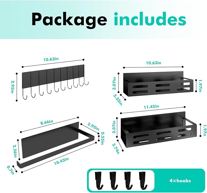 SETBAOO 4 Pack Magnetic Spice Rack for Refrigerator with 4-Hook Rack and Paper Towel Holder, Black Magnetic Shelf and Fridge Kitchen Cabinet Organizers Storage Seasoning Organization Mini Shelves.