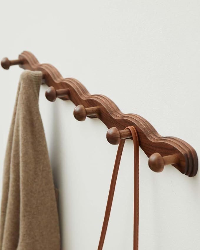 Wood Coat Rack Wall Mount - Walnut Coats Hook Hanger Wall-Mounted, Wave-Shaped Entryway Hanging Racks with 6 Hooks for Jacket Keys Hats Robes Towels Bags, Living Room Mudroom Bathroom Bedroom Hallway