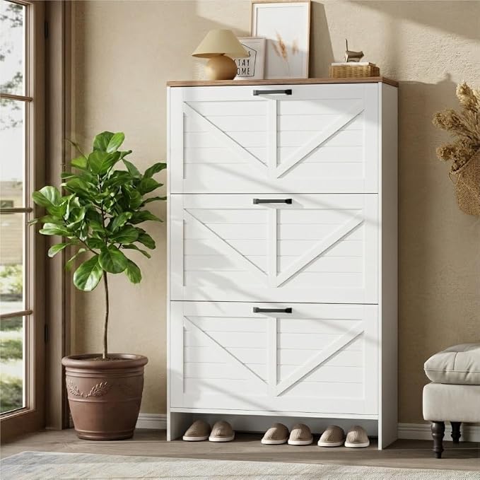 Nicetree Shoe Cabinet, 3 Flip Drawers & Adjustable Shelves, Ultra Slim Freestanding (9.1” Deep), Holds 30 Pairs, Narrow Shoe Storage Cabinet with Anti-Tip Safety, Modern Farmhouse White Walnut