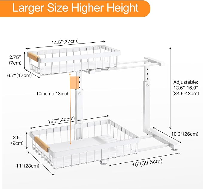 PXRACK Under Sink Organizer, Adjustable Height, 2 Tier Pull Out Under Cabinet Organizer, Slide Out Thickened Metal Under Sink Storage for Kitchen Bathroom Laundry Pantry Cabinet, White, Large-2-Pack