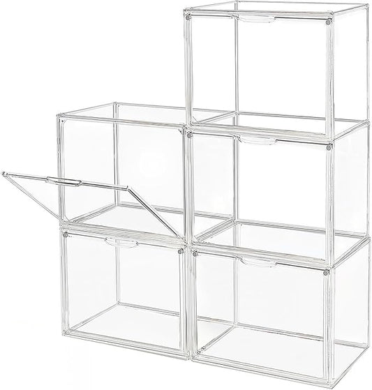 GUDEMAY Clear Stackable Plastic Storage Bins with Magnetic Lid, Dustproof Book & Cosmetic Display Cases, Large Figures Collectibles Showcase, Shoe Box, Protection Organizer (L, Count, 5)