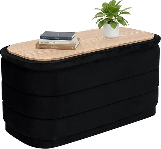 B FSOBEIIALEO Velvet Storage Ottoman with Tray, Folding Ottoman with Storage Coffee Table Shoes Bench for Dorm Room, Living Room Black, 30"x15"x15"