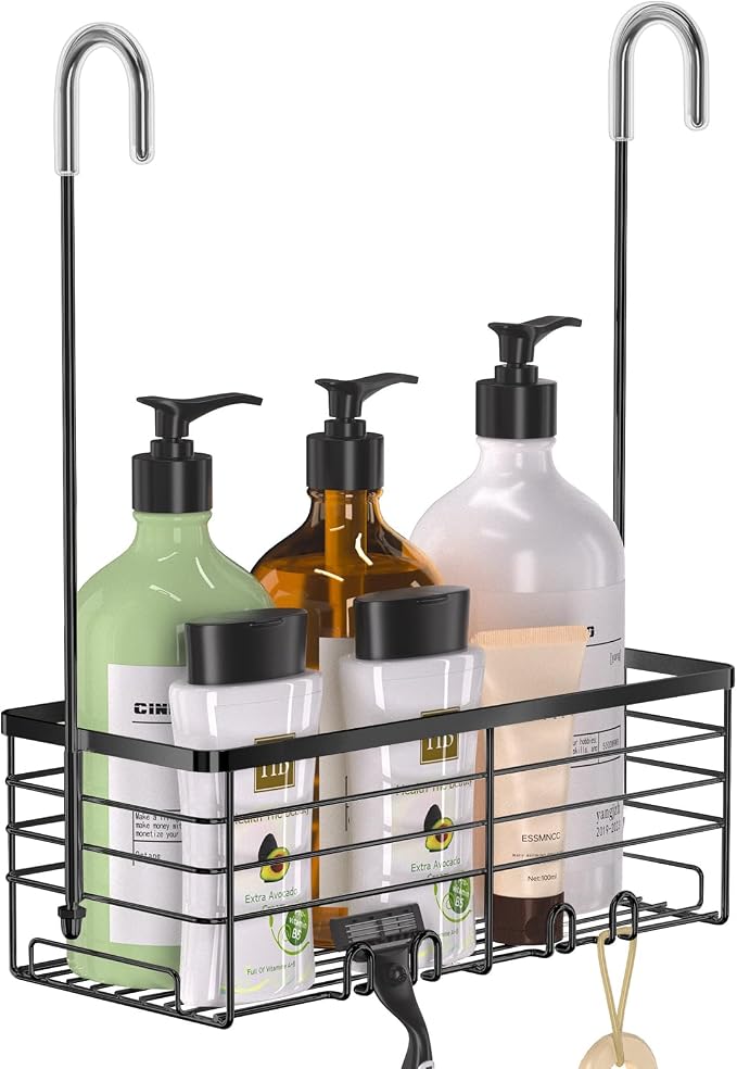 YUOROS 304 Stainless Steel Hanging Shower Caddy (Black) | Over the Door Shower Organizer Rack Rustproof Bathroom Storage Shampoo Holder Basket
