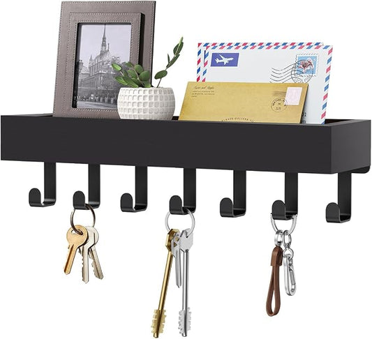 Key Holder Wall Mount Magnetic Adhesive, Key Hooks Rack with Shelf | Key Hanger with Mail Organizer for RV Camper Fridge Living Room Decor, Home Essentials, Large Black