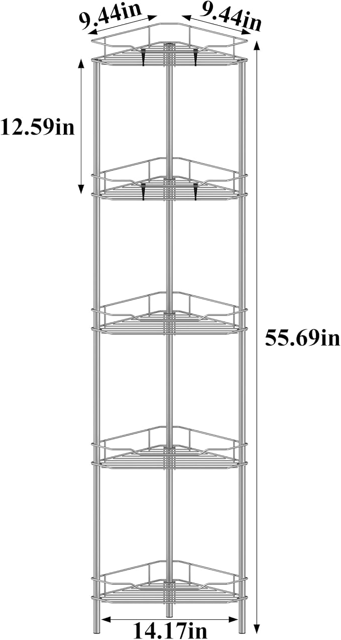 HuggieGems 5 Tier Floor Standing Corner Shower Caddy Organizer Shelf with Hooks, Bathroom Shelves Stand Rack, Gray