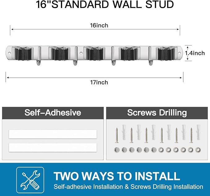 IMILLET 2 Pack Broom Holder Wall Mount Stainless Steel Mop Organizer | 5 Racks 4 Hooks Heavy Duty Garage Organization Storage,Broom and Mop Organizer Wall Hanging Self Adhesive for Laundry Room