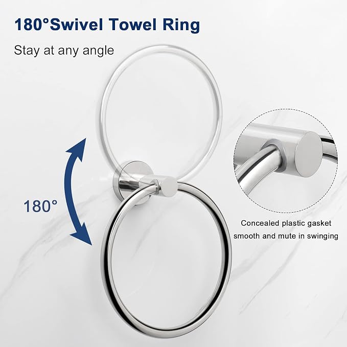 NearMoon Bath Towel Ring, Bathroom Hardware Accessories-Thicken Stainless Steel Hand Towel Holder for Bathroom, Modern Round Towel Hanger Wall Mounted (Chrome, 2 Pack)
