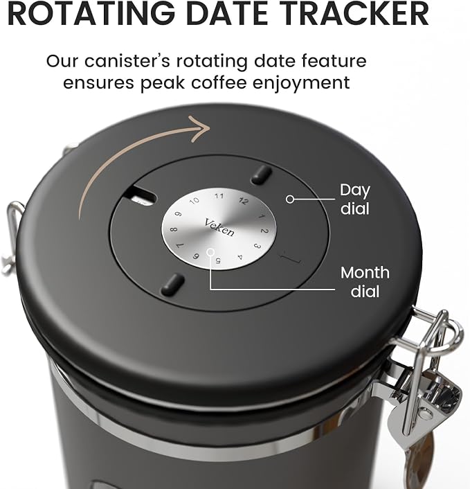 Veken Coffee Canister with Window, 39OZ Large Airtight Stainless Steel Jars | Kitchen Food Storage Pantry Container for 2.2lbs Beans,Ground,Espresso,Rice,Tea,Sugar,Bar Accessories,Gifts,Lids, Scoop,Black