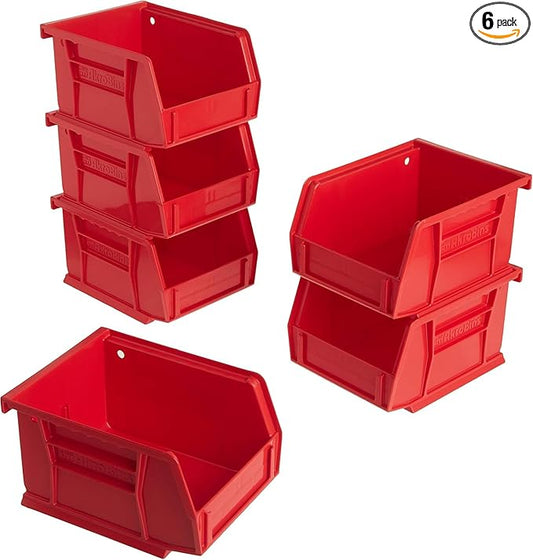 Akro-Mils 30210 AkroBins Plastic Storage Bins, Space-Saving Stackable Bins for Garage, Pantry, Craft Organization, 5" x 4" x 3", Red, 6-Pack
