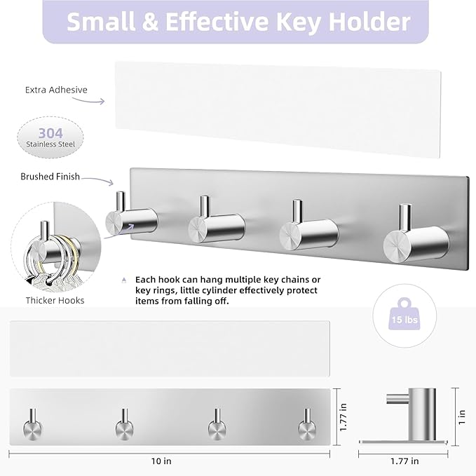 VIS'V Key Holder Wall Mount, Large Adhesive Key Hanger with 4 Hooks, Silver | Metal Material, No Drilling, Extra Adhesive Strip, Suitable for Entryway, Hallway, Doorway, Kitchen, Garage, Camper