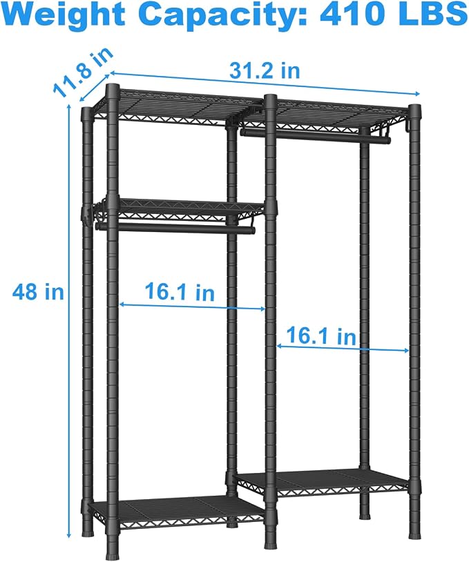 F1 Garment Rack for Kids, Baby, Students, and Children's Room, 4 Tiers Freestanding and Portable Heavy Duty Closets, Small Metal Clothes Rack with 2 Hanging Rod, 31.2" W x 11.8" D x 48" H, Black | Small Clothing Racks with 2 Hanger Rods for Hanging Bab...