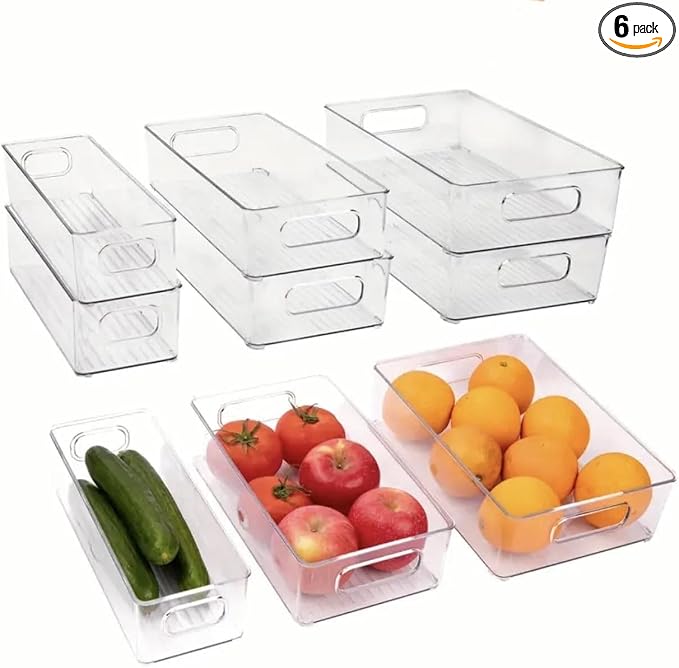 6 Pack Refrigerator Organizer Bins | 3 Sizes Stackable Clear Pantry Storage with Handles for Fridge, Freezer, Shelves, Drawer, Snack Organizer for Home & Kitchen