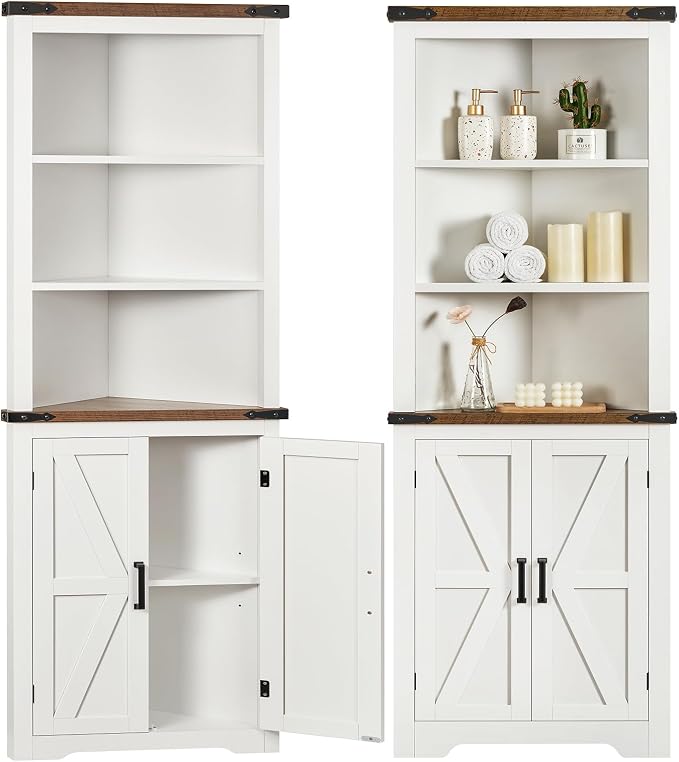 Farmhouse Corner Cabinet, 70" H Tall Corner Hutch with 5 Shelves & 2 Barn Doors, Bathroom Cabinet with Adjustable Shelf, for Living Room, Kitchen, Bathroom, White