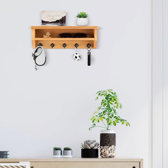 Nekon Key Holder Wall Mount, Wall Organizer Shelf with 5 Key Hooks, Room Decor for Home and Apartment Essentials, Wood