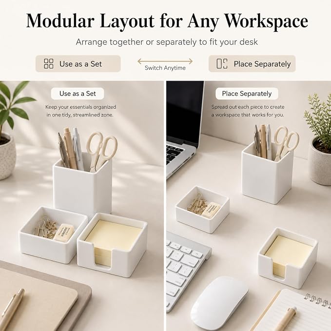 minimaliving Aesthetic Silicone Desk Organizer Set of 3,Modern Office Desk Accessories with Pen Holder,Paperclip Tray,Sticky Note Holder,Stylish Functional Office Desk Decor for Back-to-school(White)
