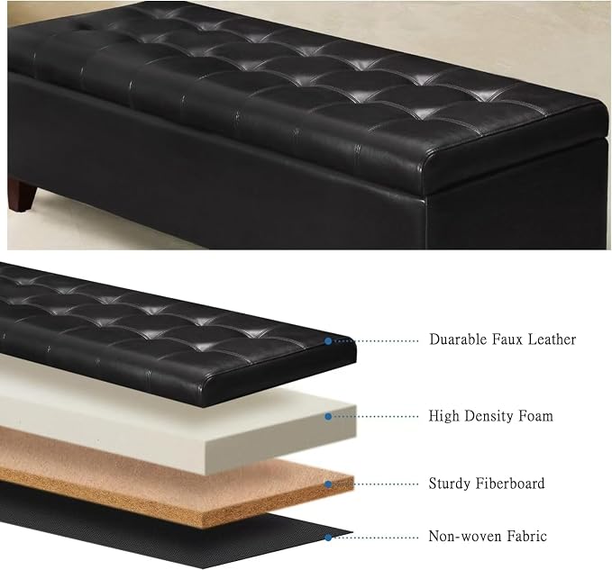 Black Ottoman with Storage Faux Leather Storage Ottoman Bench | 51 Inch Upholstered End of Bed Ottomans with Hinged Lid, Rectangle Long Foot Rest Bench for Entryway Living Room Bedroom