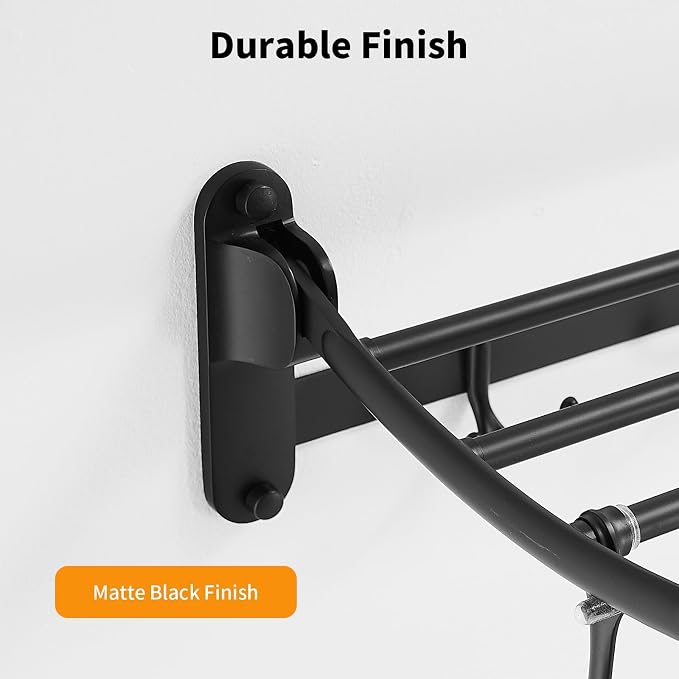 24 Inch Matte Black Towel Racks, Bathroom Towel Shelf with Foldable Towel Bar Holder and Towel Hooks, Wall Mounted Multifunctional Bathroom Accessories, Double Towel Bars
