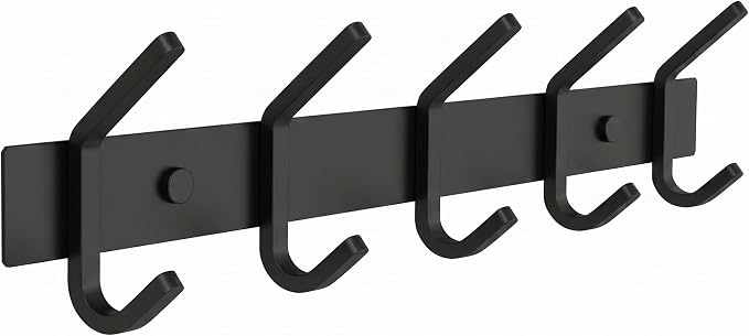 Coat Rack Wall Mount – 15 Inch Stainless Steel Hook Rail with 5 Double Coat Hooks for Hanging – Wall Mounted Entryway Organizer for Coats, Hats, Bags, Towels, Robes, Bedroom or Bathroom - Black