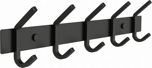 Coat Rack Wall Mount – 15 Inch Stainless Steel Hook Rail with 5 Double Coat Hooks for Hanging – Wall Mounted Entryway Organizer for Coats, Hats, Bags, Towels, Robes, Bedroom or Bathroom - Black