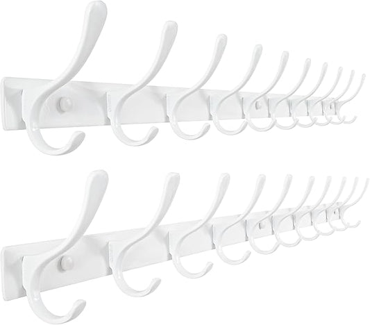 SKOLOO Coat Rack Wall Mounted - 10 Hooks, Pack of 2, Heavy Duty, Stainless Steel, Metal Wall Hangers, Sturdy Coat Hooks for Hanging Coats, Jacket, Clothes, Hat, White