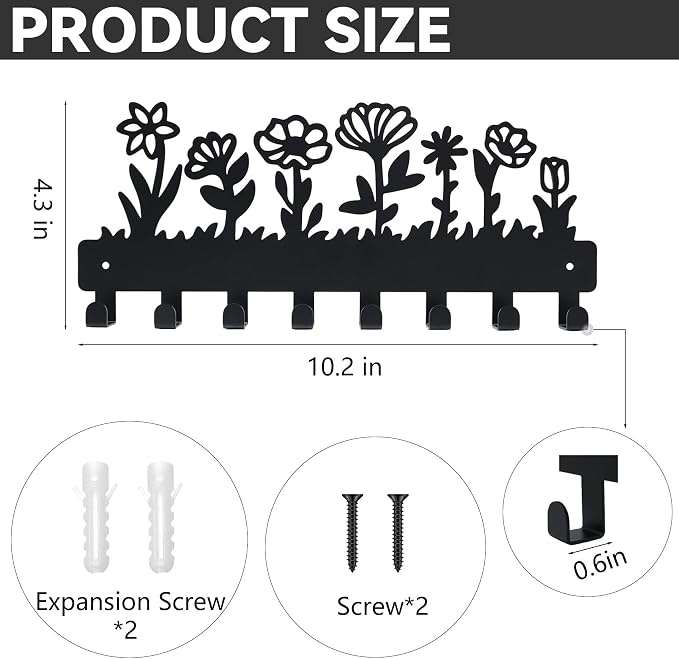 Decorative Key Holder for Wall Mounted with 8 Hooks, Cute Flower Key Rack Organizer for Entryway, Hallway, Office, Wall Mount Hanger for Keys with Mounting Hardware, Dog Leash Holder Ready to Hang