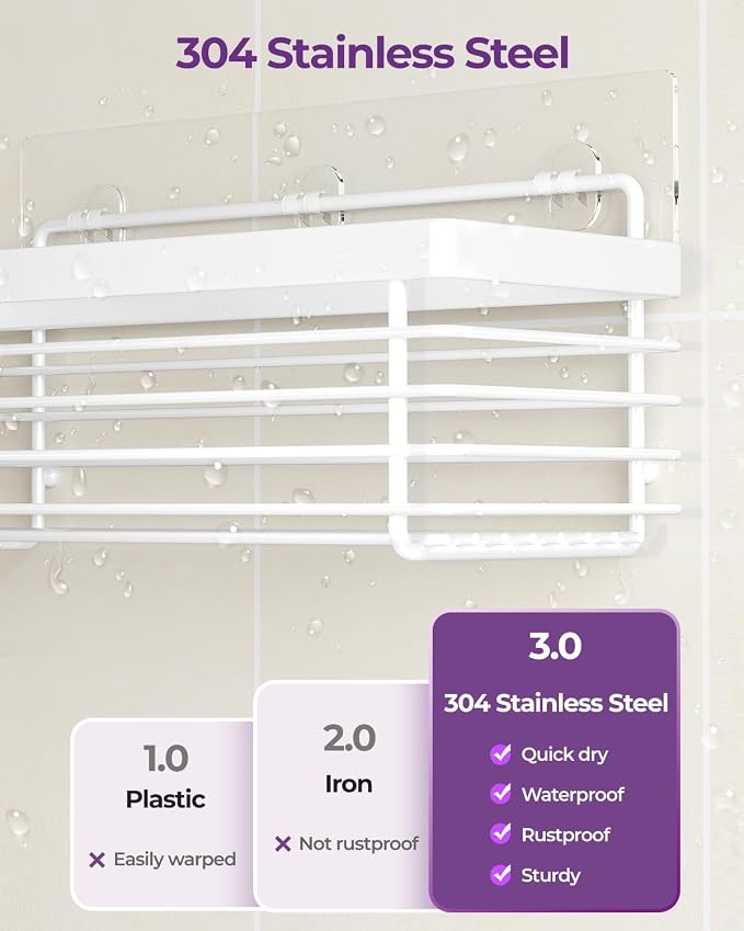 Shower Shelves Adhesive 3 Pack Stainless Steel Storage Organizers-White | No drilling wall mounted,rust-resistant,large capacity,quick drainage,easy to clean,suitable for bathrooms and kitchens