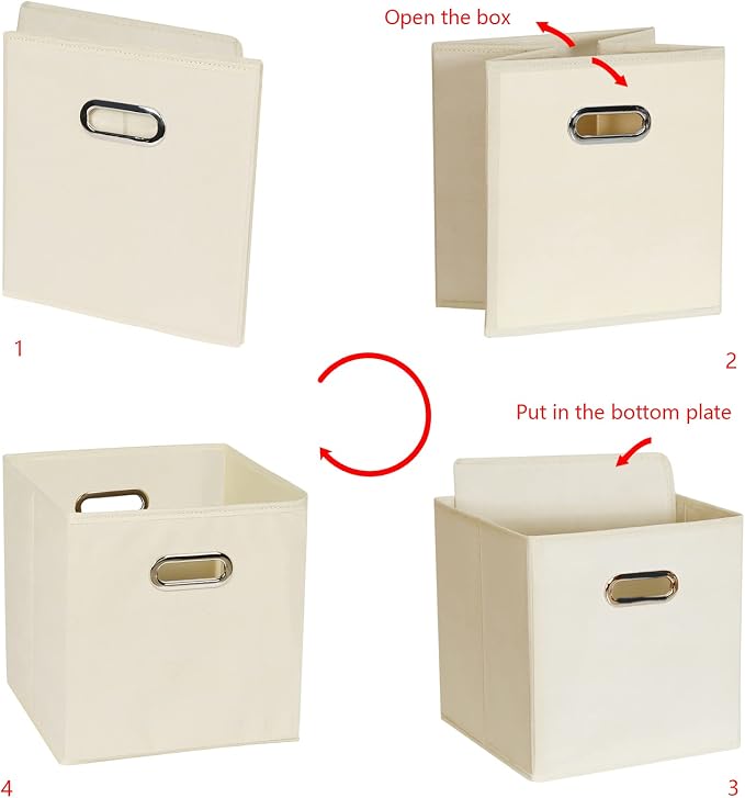 Yunkeeeper storage bins Cubes, Fabric Cube Organizer with Handle, Foldable Cube Bins for Cloth or Accessary Storage, 11x11x11, Set of 6, (Creamy White)