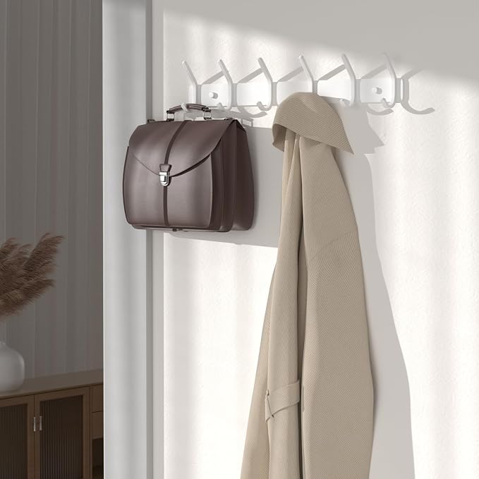 Coat Rack Wall Mount Hooks - 15 Inch White Metal 6-Hook Rack(2 Pack) | Modern Kids Room, Entryway & Bathroom Hanger for Towels, Coats, Purses, Bags