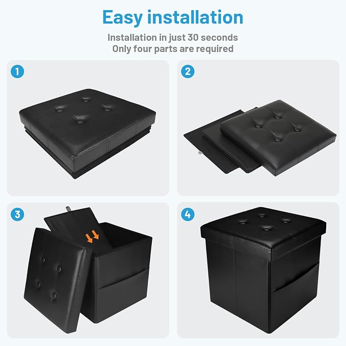 Bsketa Storage Ottoman Bench,15 Inch Folding Leather Foot Rest Stool, Black | Small Ottoman with Side Pockets, Thicker Foam Padded Seat, Livingroom, Dorm, Bedroom, Easy to install, 40L, 15x15x15in