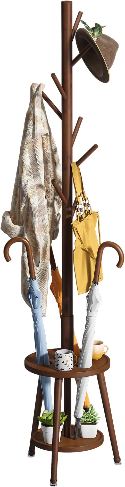 Freestanding Coat Rack with Umbrella Organizer Tray Bamboo Coat Tree Rack with 8 Hook Stand for Clothes Bag Hats Entryway Hanger Stand(Brown)