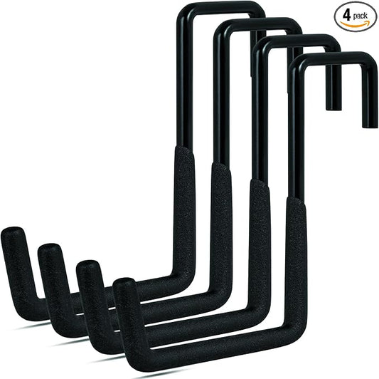 4 Pcs Rafter Hooks, Upgraded Fence Hangers, Heavy Duty Bike Hanger for Garage, Ladder Hook, Black Large S Hooks for Hanging Hose, Plants, Chairs, Bikes, Ladders, Cords and More