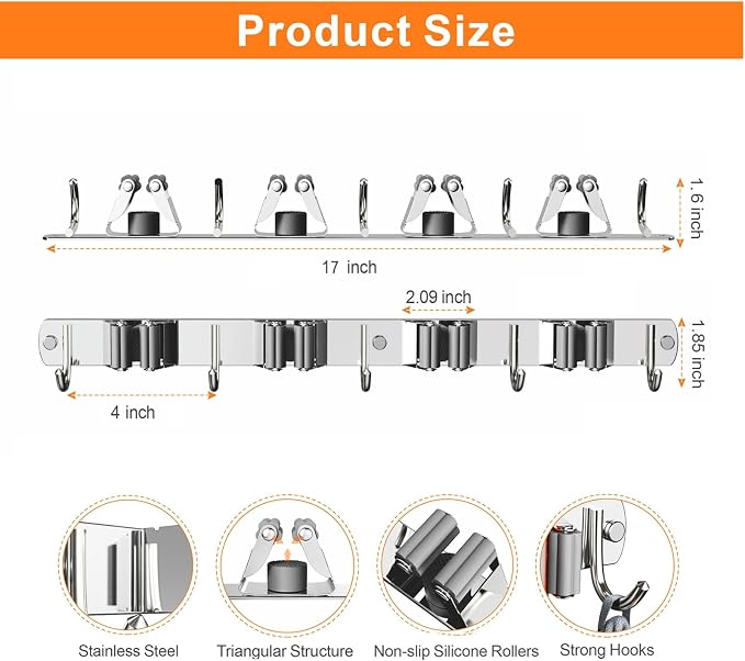 CUXIXA Mop and Broom Holder Wall Mount, Upgraded Broom Organizer Wall Mount, Stainless Steel Broom Hanger Wall Mount for Home Kitchen Garden Laundry Garage (4 Racks with 5 Hooks Silver)