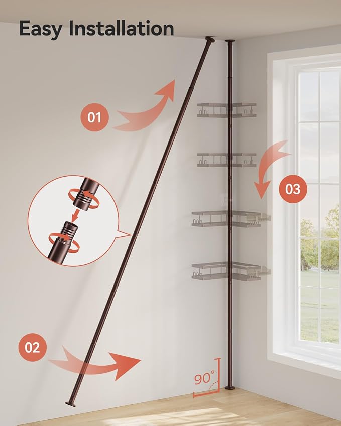 YASONIC Corner Shower Caddy Tension Pole, 25.7-109.1in Adjustable Shower Shelves, Rust-Resistant Shower Organizer, No-Drill 3-Step Installation, Bathroom Shelves for Renters & Family, Bronze