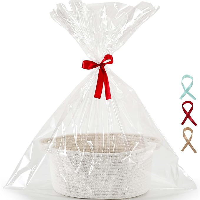 Happyiren Small Gift Basket with Gift Wrap Cellophane Bag and Ribbons, Gift Baskets for Christmas Thanksgiving Birthday Baby Shower Raffle Burr, - Rope Decorative Storage Organizer Container